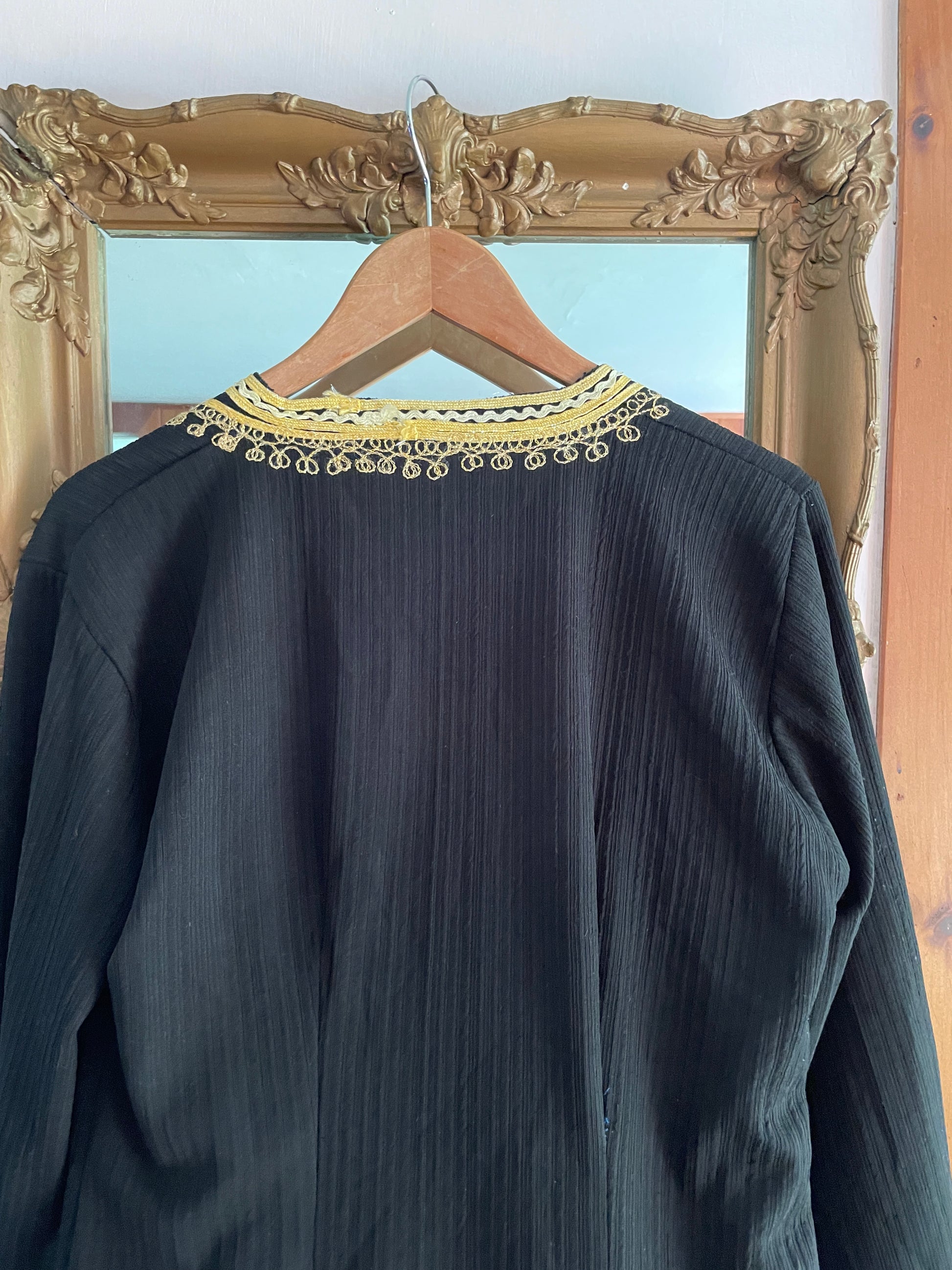  80s Vintage Black Cotton Gold  Braided Trim Side Slits Boho Long Lounge Caftan M