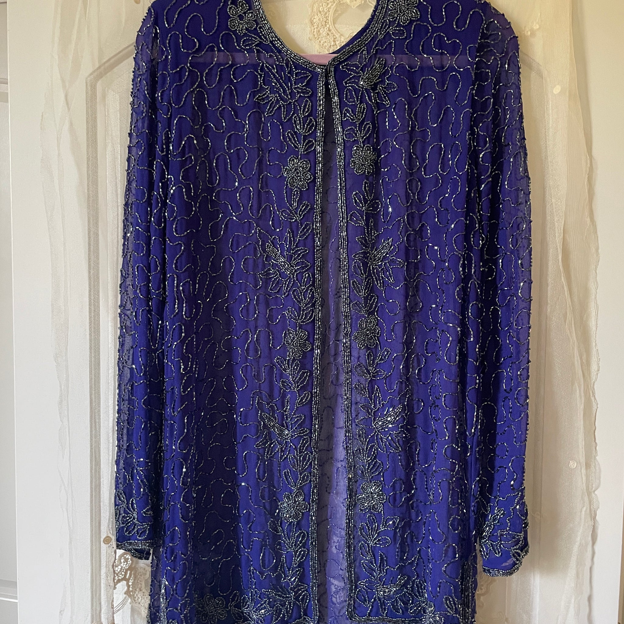 80s Vintage Blue Hand Beaded Silk Glittering Floral Design Open Front Glam Jacket Top M