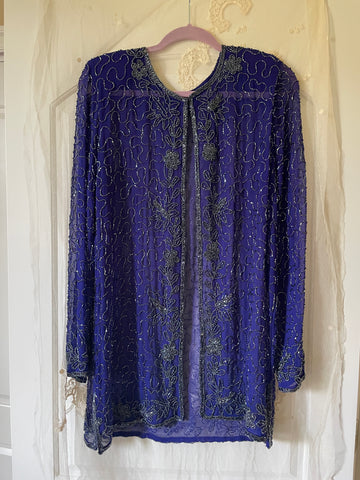 80s Vintage Blue Hand Beaded Silk Glittering Floral Design Open Front Glam Jacket Top M