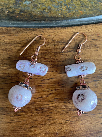 2000s Hand Beaded Copper Tone Dusty Lavender Stone Drop Earrings
