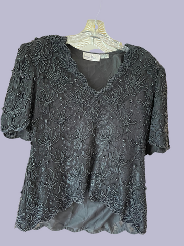 80s Vintage Hand Beaded Floral Exquisite Evening Top M
