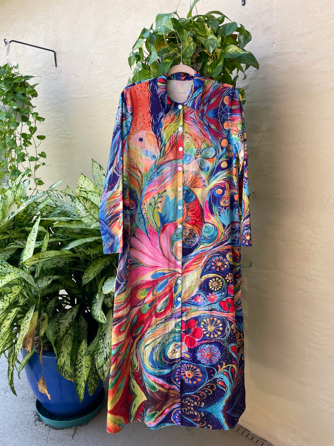 Maxi Dress: Silky poly fabric with colorful peacock-inspired abstract print by artist Elena Kotiarker