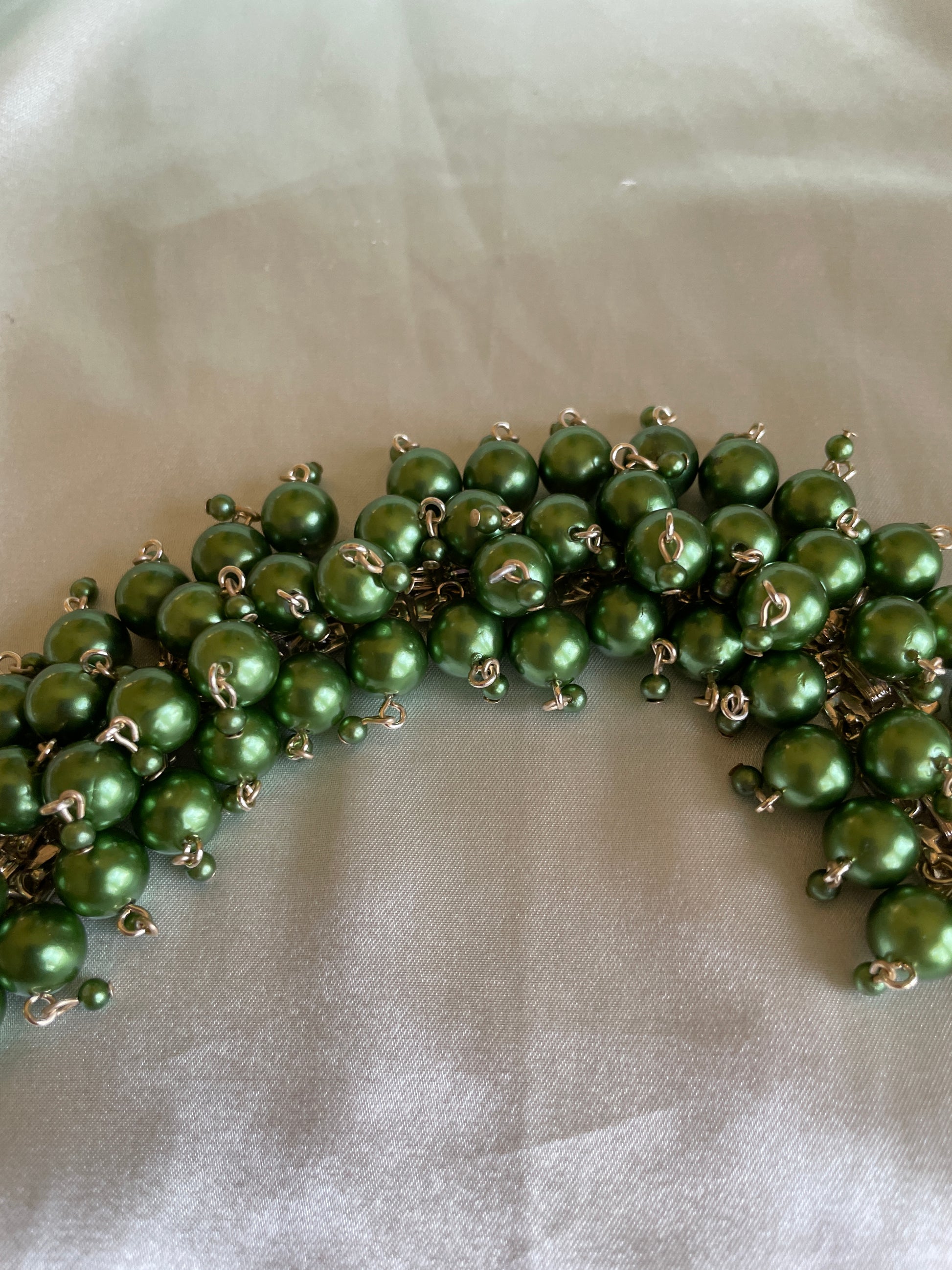  70s Signed Japan Green Glass Dangling Beads Cha Cha Bracelet
