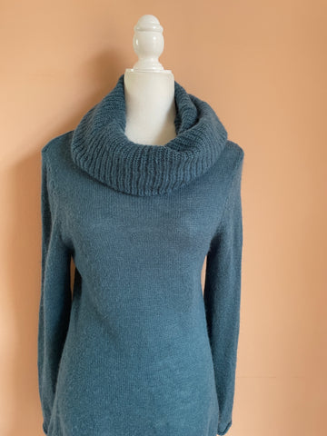 2000s Promod Blue Wool Cowl Collar Cozy In Sweater Dress M