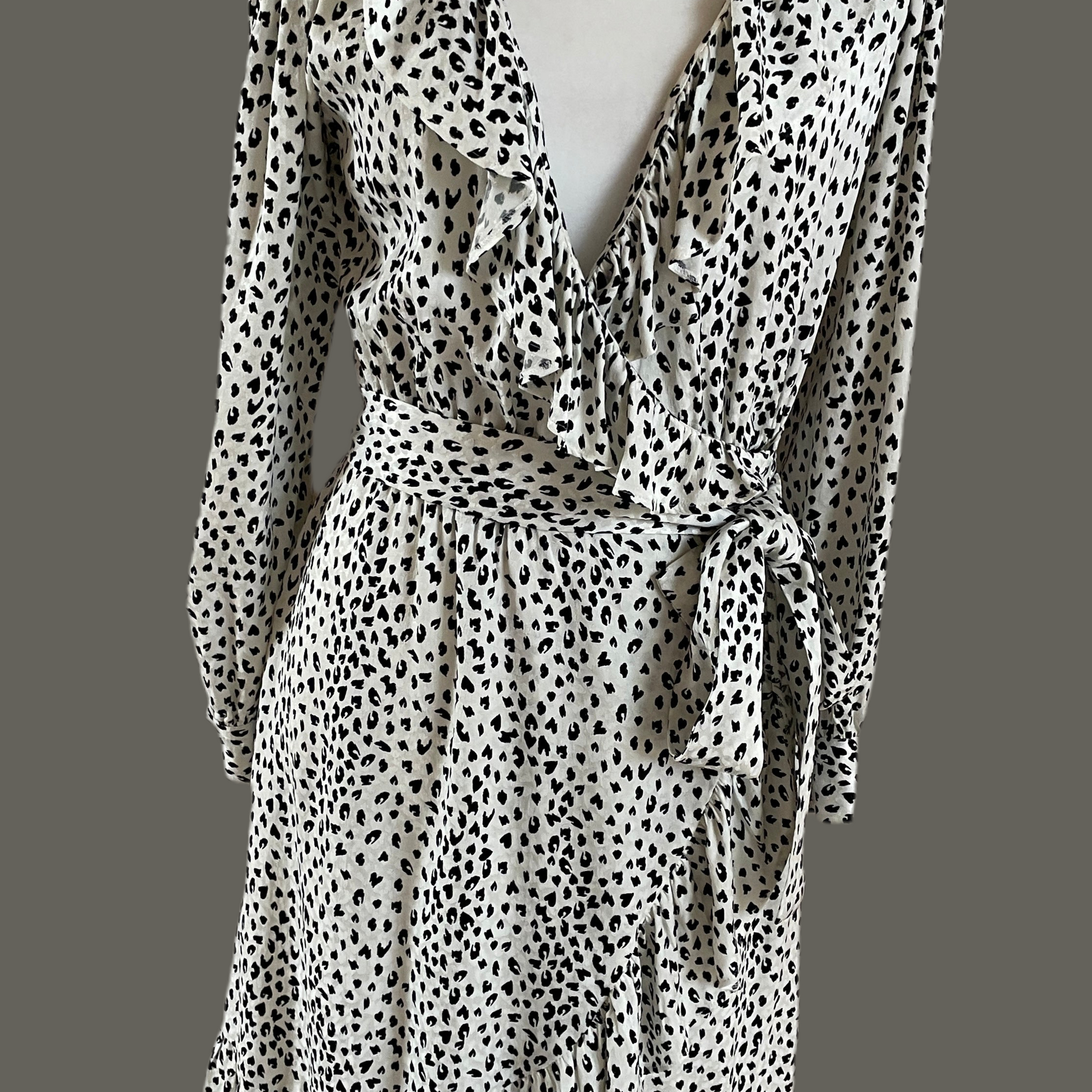 2000s Black Abstract Print Ruffles Tie Belt Wrap Dress S