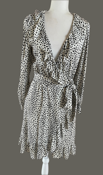 2000s Black Abstract Print Ruffles Tie Belt Wrap Dress S