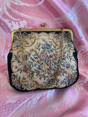 Vintage 40s Floral Tapestry Gold Tone Link Chain Purse
