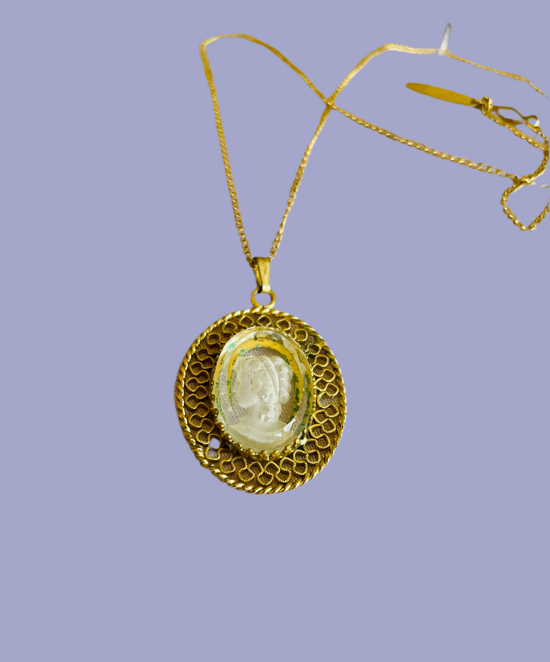 80s Vintage Whiting & Davis Gold Tone Glass Portrait Pendant Necklace