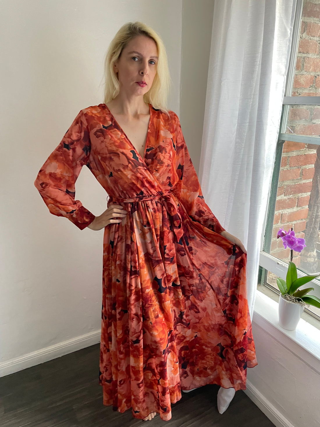 2000s Sheer Poly Lined V Neck Floral Maxi Dress M