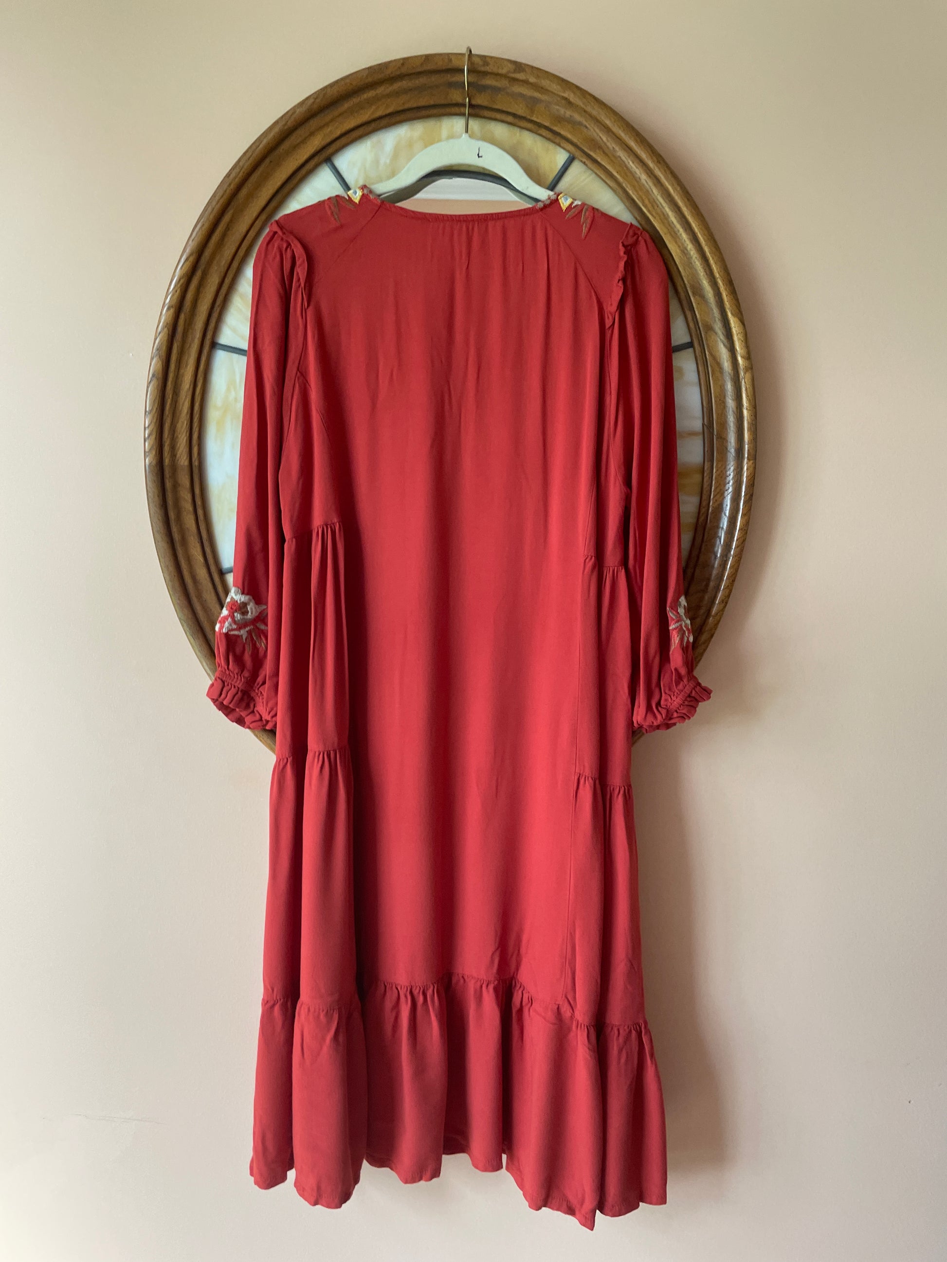  2000s 100% Soft Rayon Embroidered Rust Ruffled Casual Boho Midi Dress L