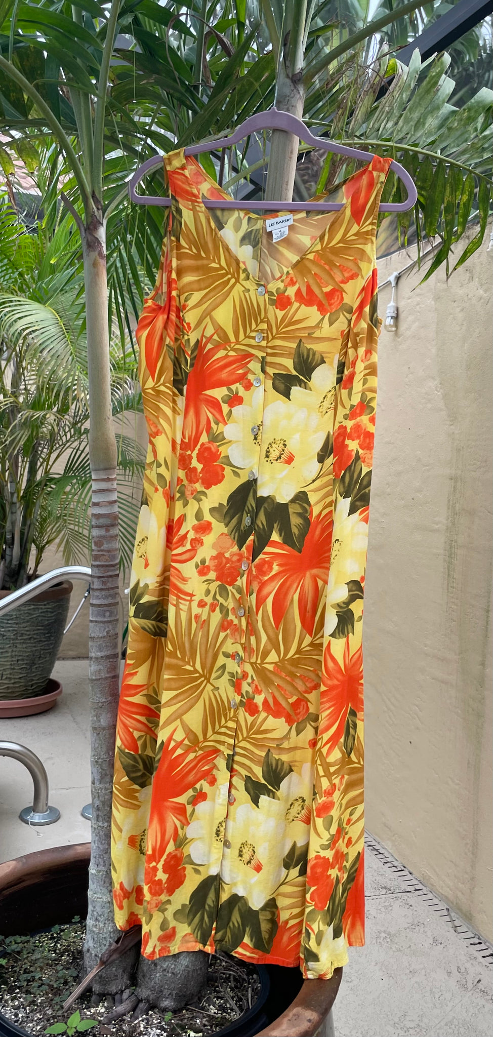 90s Vintage Florida Casual Floral Rayon Back Tie Midi Dress Lg