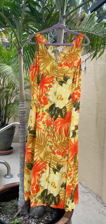 90s Vintage Florida Casual Floral Rayon Back Tie Midi Dress Lg