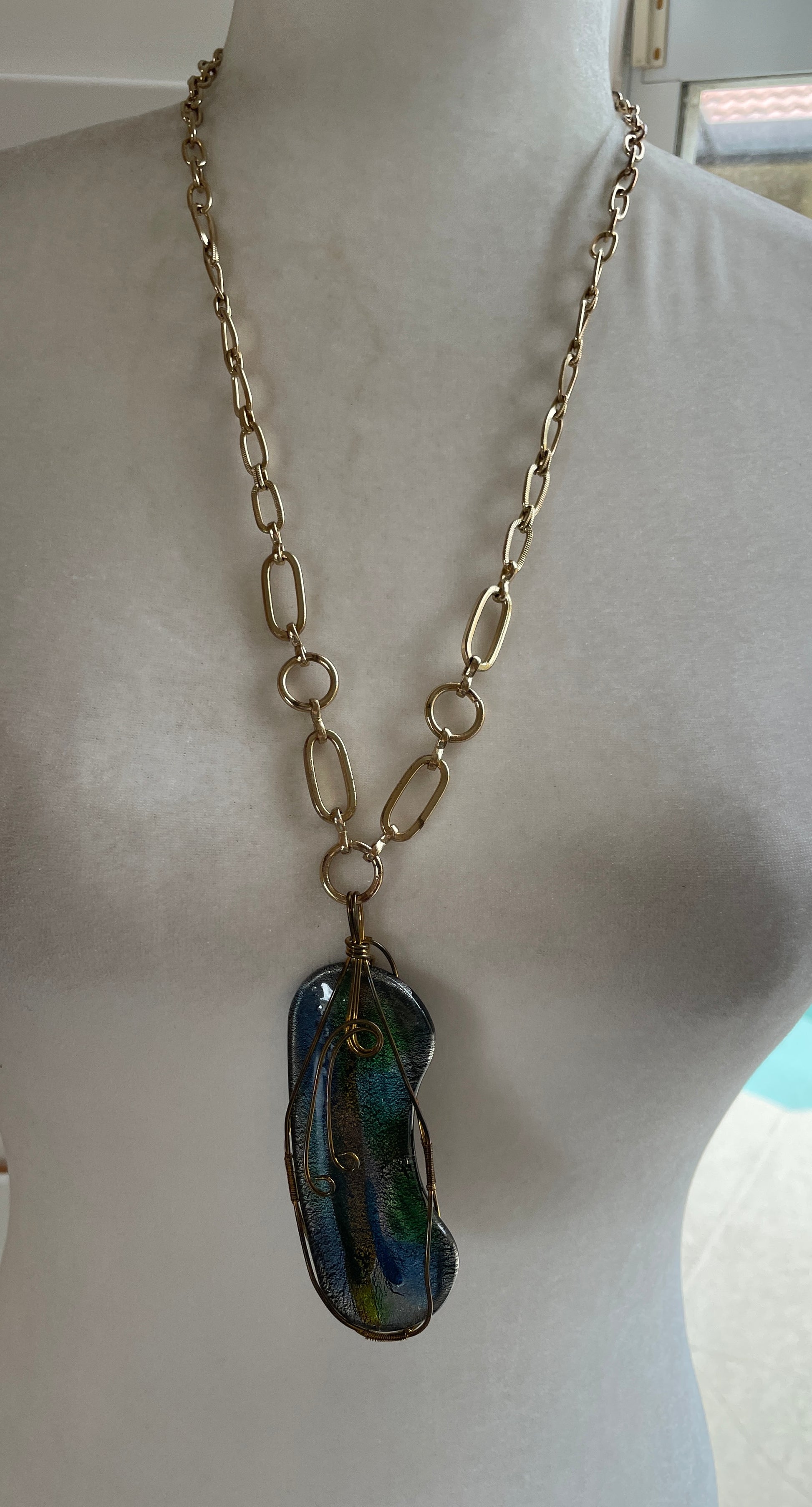 Artisan handmade glass pendant necklace  2000s Handmade Artisan Art to Wear Glass Pendant Necklace