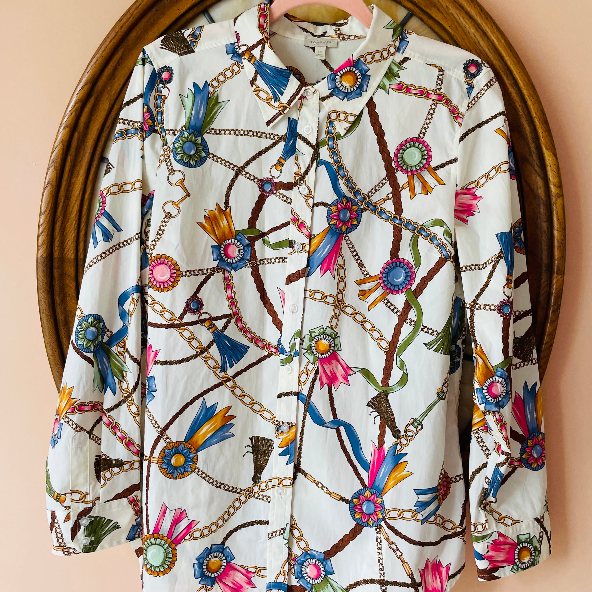 100% Cotton Button Down Printed Womens Shirt Lg