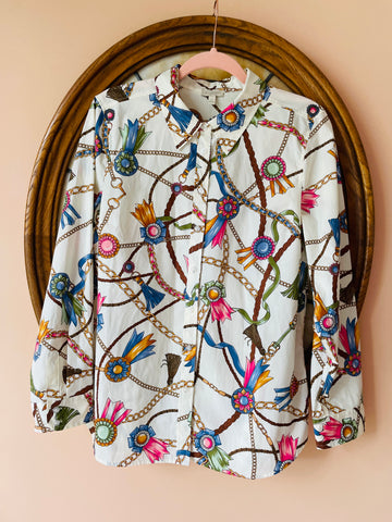 100% Cotton Button Down Printed Womens Shirt Lg