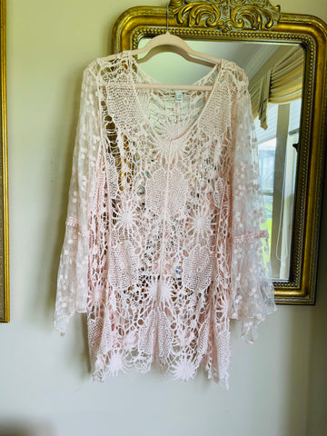Pink Cotton Crochet Angel Sleeve Top Swimsuit Coverup. X/L