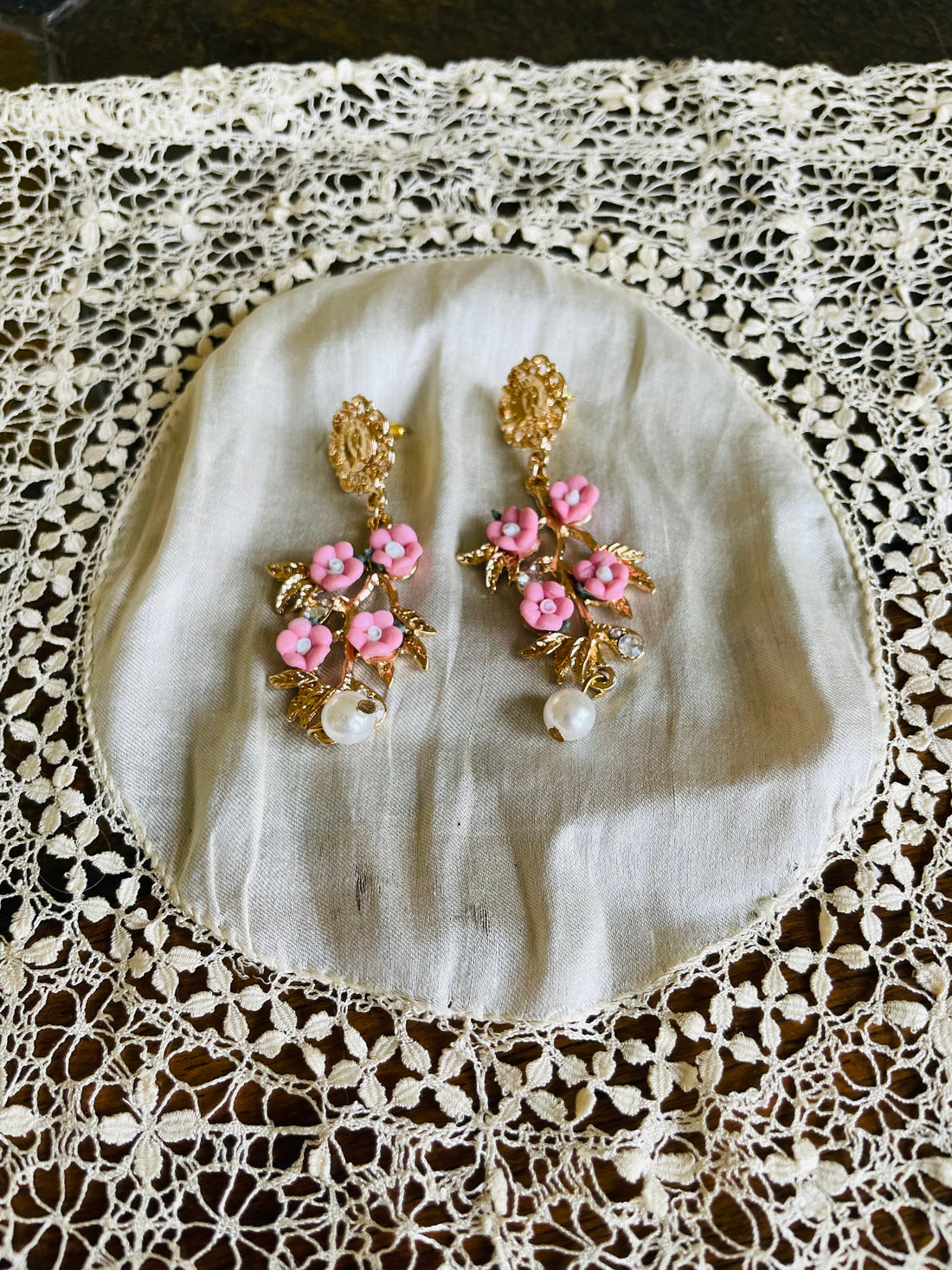 Pretty Pink Enamel Flowers Gold Tone Pierced Earrings