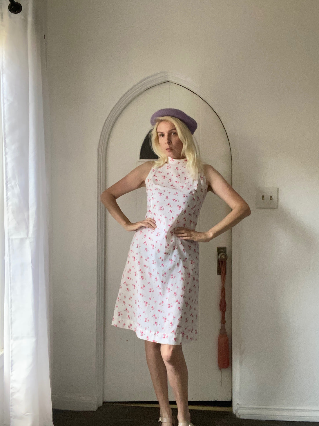 60s Vintage Handmade White Pink Flower Sleeveless Summer Dress S/M
