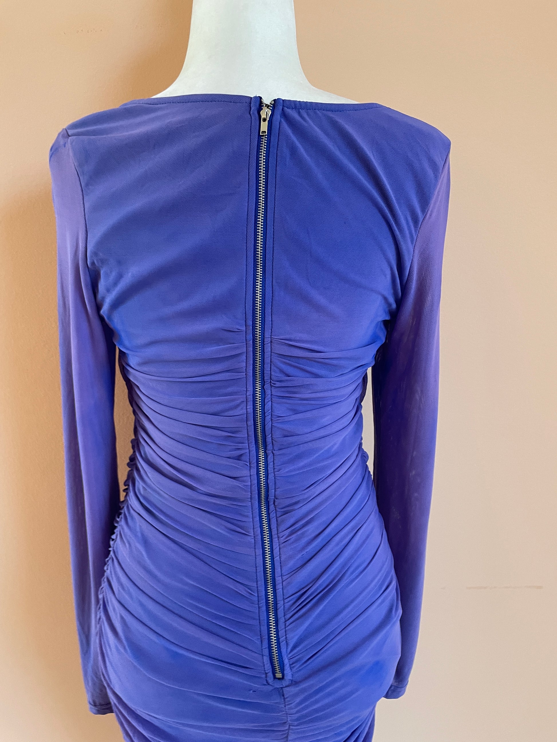  2000s Purple Space Age Ruched Sheer Sleeve Bodycon Dress M