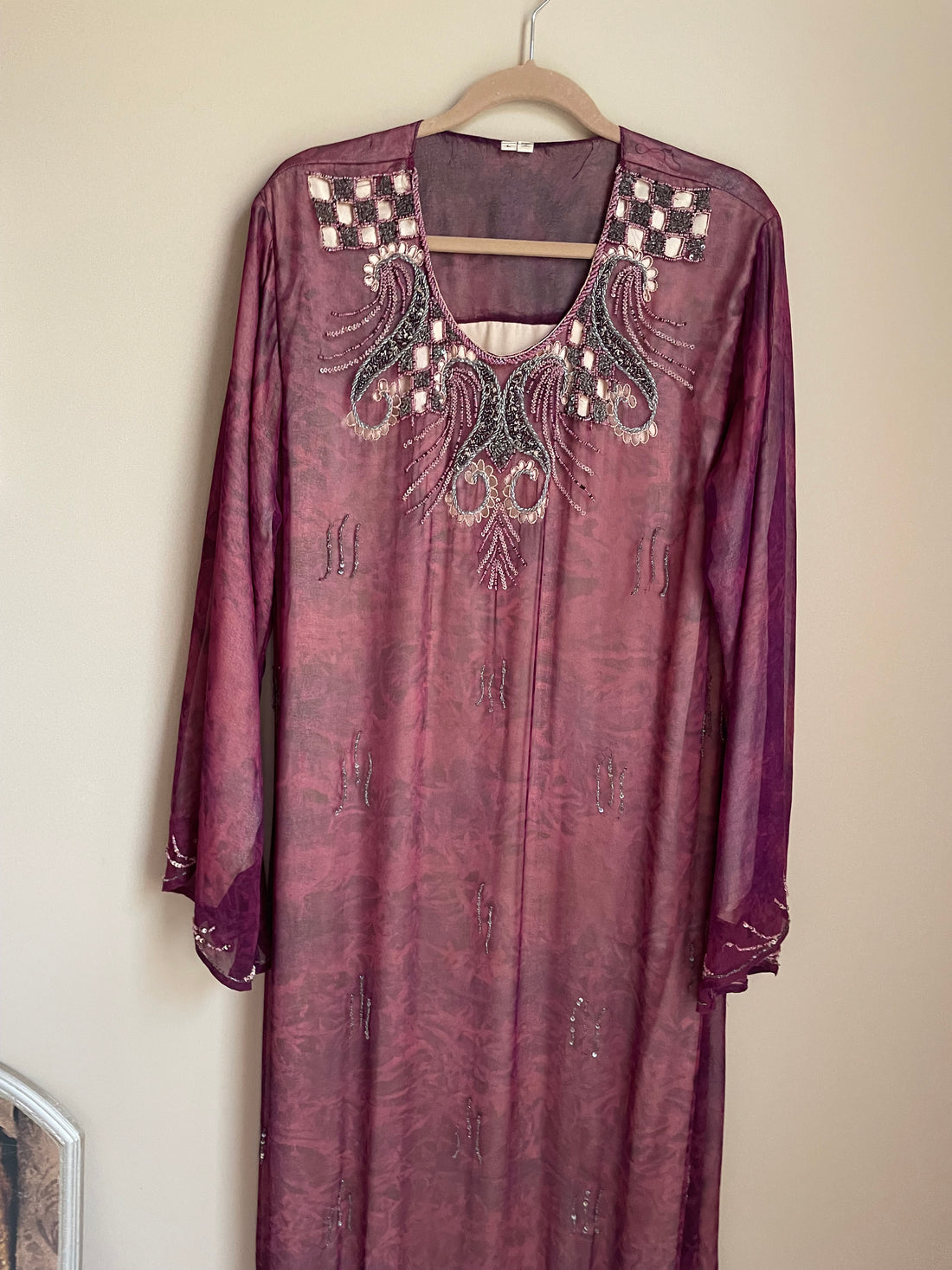 2000s Elegant SheerPoly Burgundy Handmade Exquisite Bead Work Maxi Dress Lg