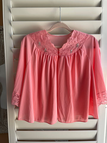 Shadowline Vintage 70s Pink Floral Lace Lingerie Bed Jacket M