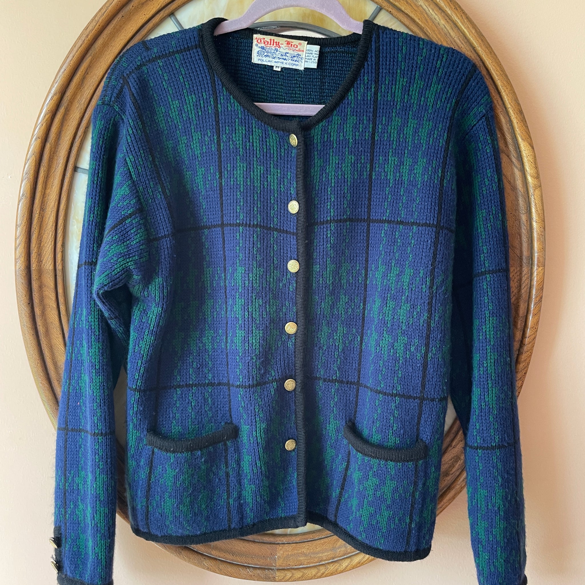 80s Vintage Tally Ho Blue Green Acrylic Wool Gold Button Pockets Classic Jacket M