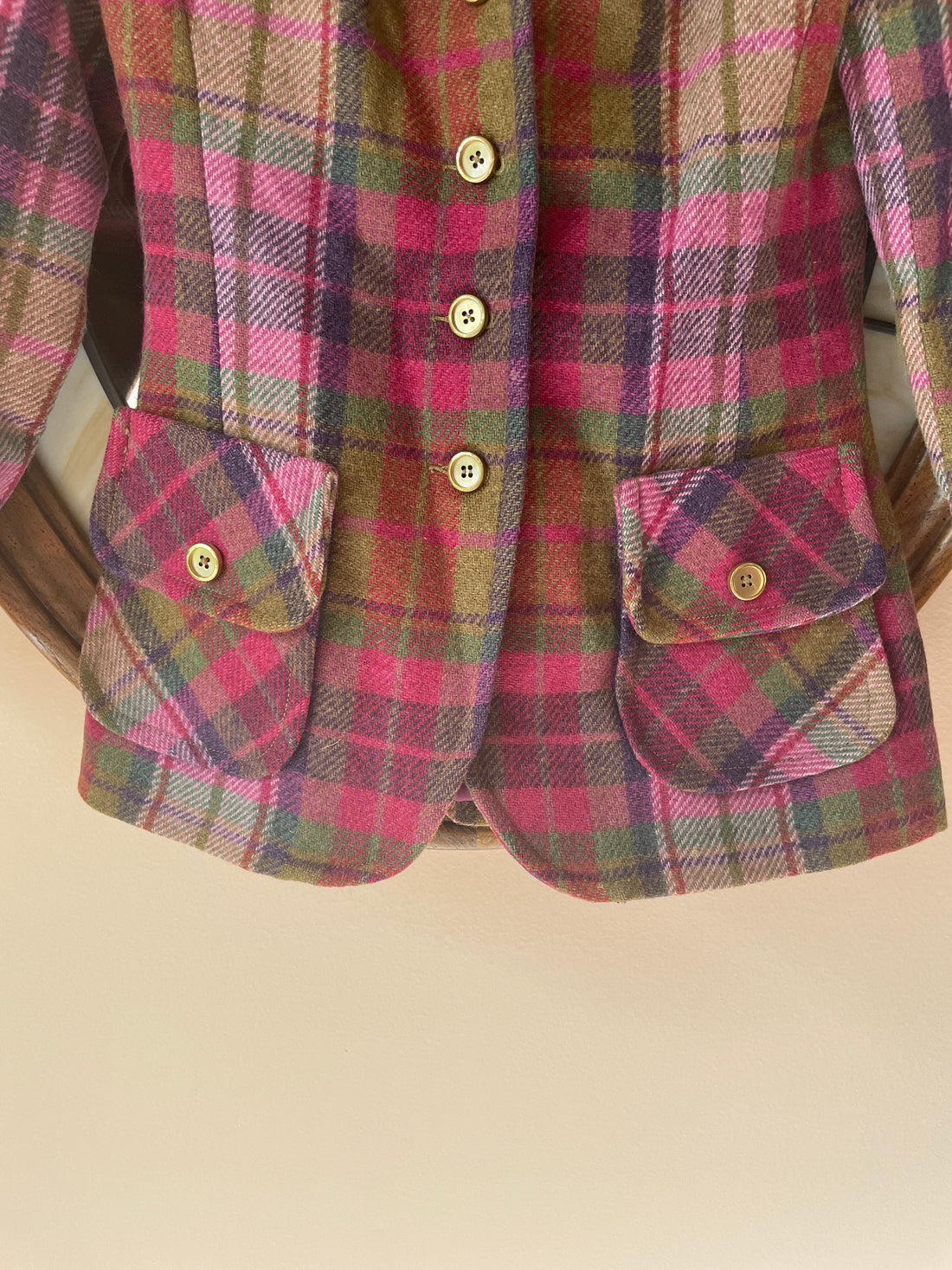 70s Vintage 100% Wool Plaid Gold Button Front Pockets Jacket S