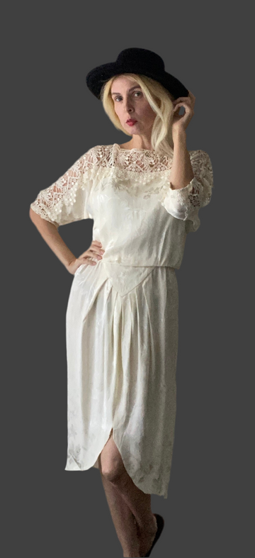 70s Vintage Off White Floral Leaf Embossed Design Rayon Crochet Detail Dress Sm