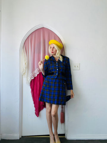 80s Vintage Tweedy Blue 2 Piece Mini Skirt Jacket Suit. M