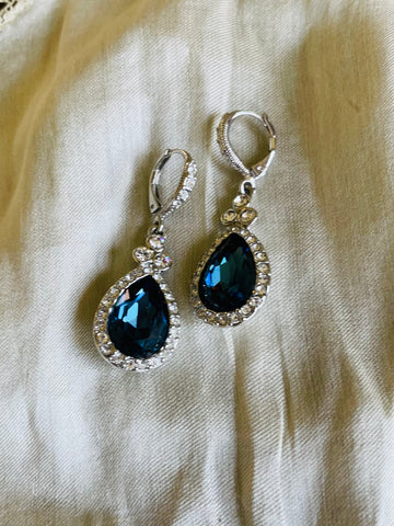 Givenchy Dark Blue Rhinestone Silver Tone Crystal Pierced Earrings