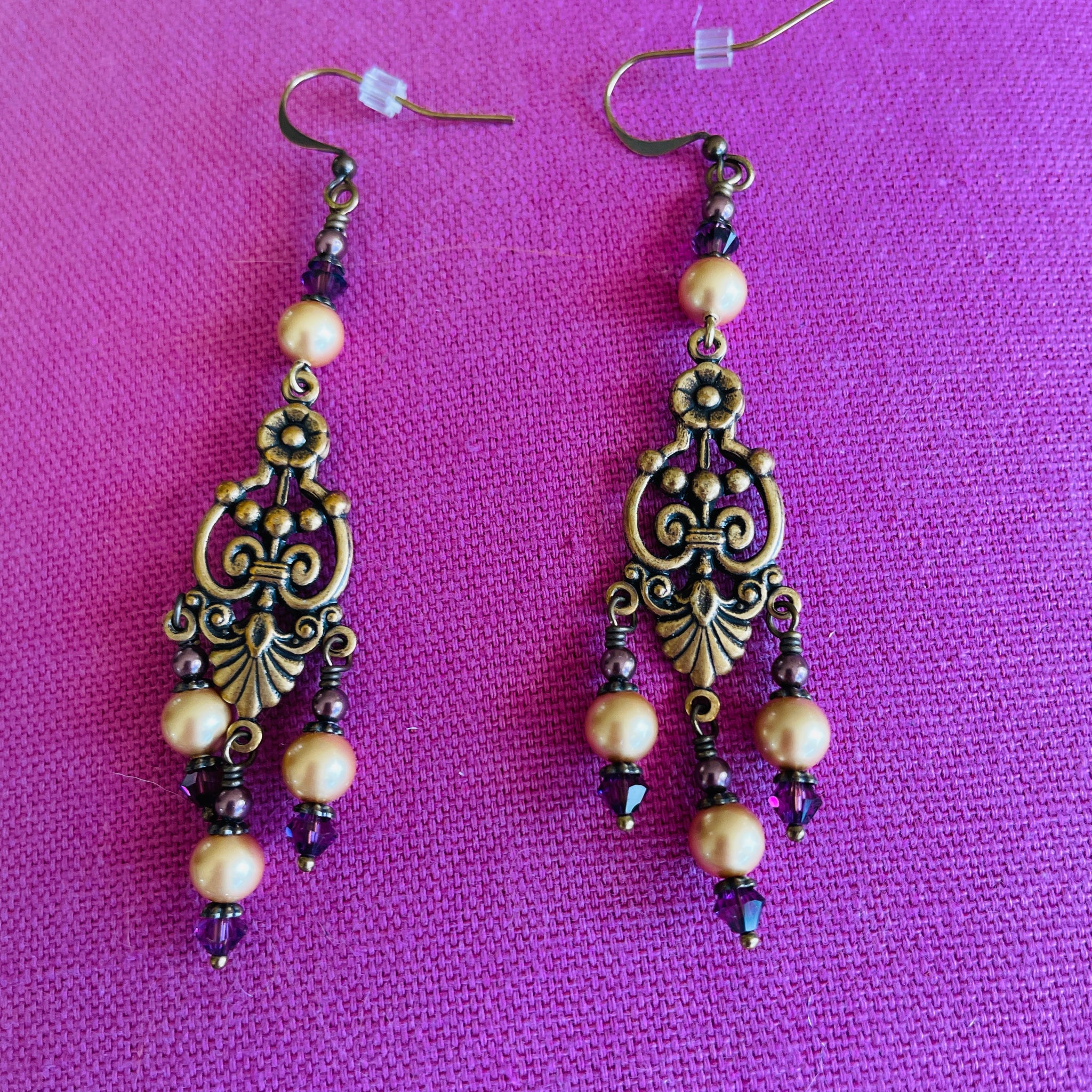 2000s Handcrafted Brass Tone Golden Faux Pearl Purple Beaded Chandelier Pierced Earrings