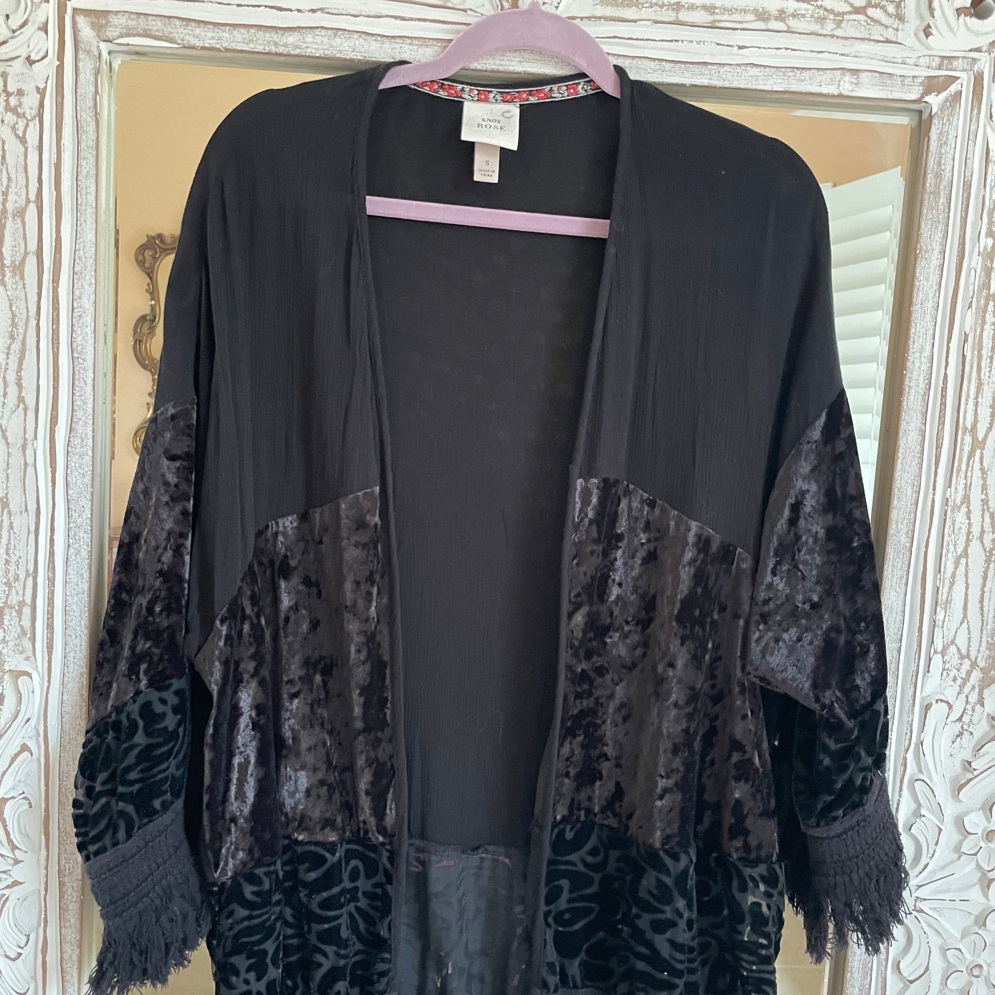Black Velvet Fringed Open Front Boho Style Jacket Top M