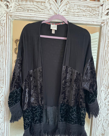 Black Velvet Fringed Open Front Boho Style Jacket Top M