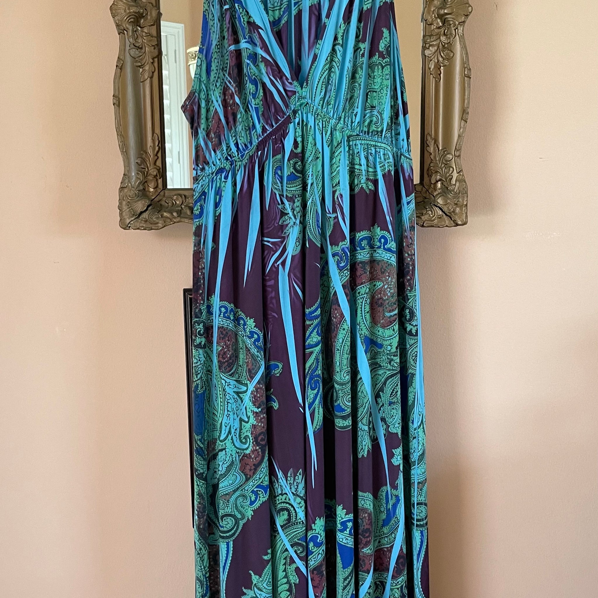 2000s Striking Print Empire Waist Sleeveless Maxi Dress X/L