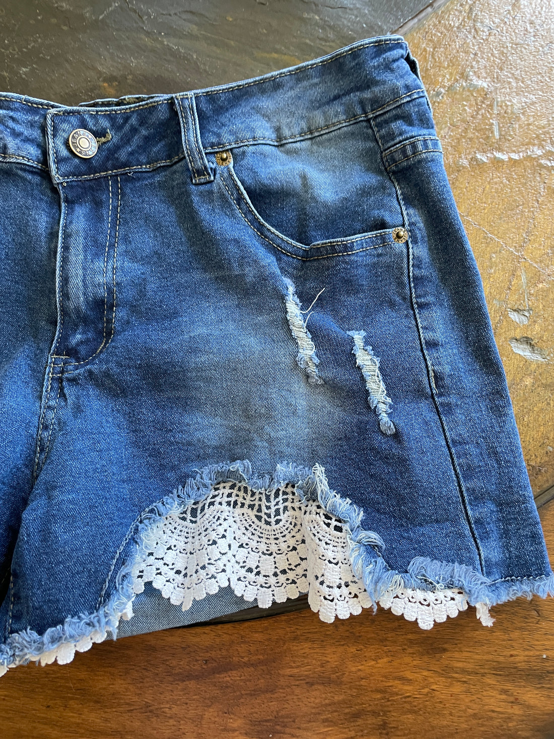 2000s Blue Denim Tattered Fringed Crochet Button Zip Cutoff Shorts M