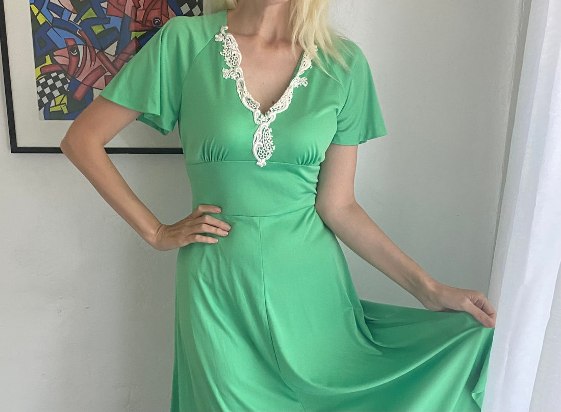 Vintage 70s Handmade Striking Green Lace Midi Dress M