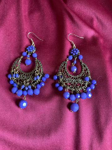 Gold Tone Filagree Purple Beaded Boho Chandelier Pierced Earrings