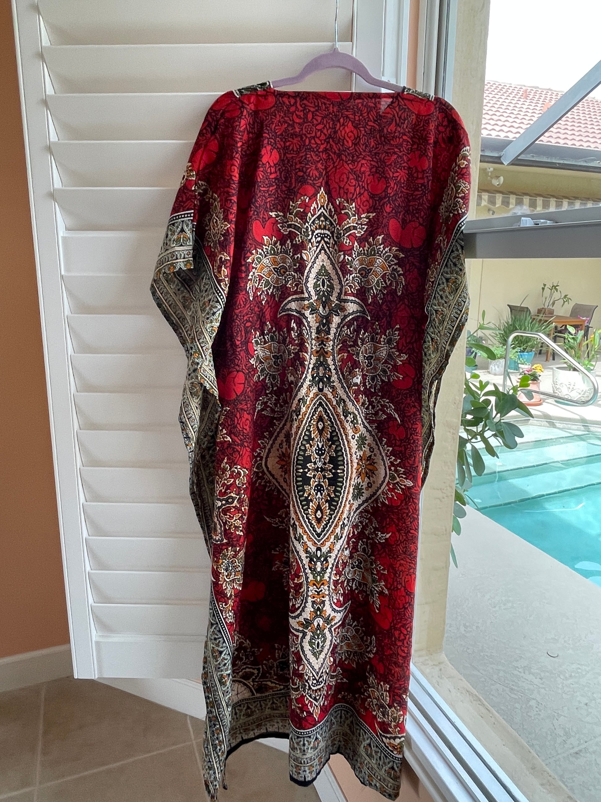  By the Pool 2000s Boho Casual Red Print Lounge Caftan free size