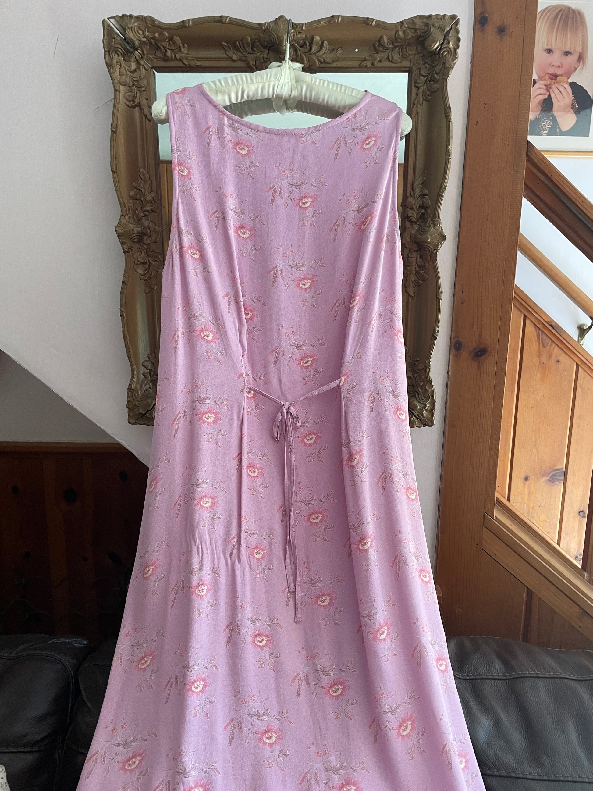  2000s April Cornell Floral Pink Rayon Sleeveless Back Tie Bottom Side Slits Maxi Dress L