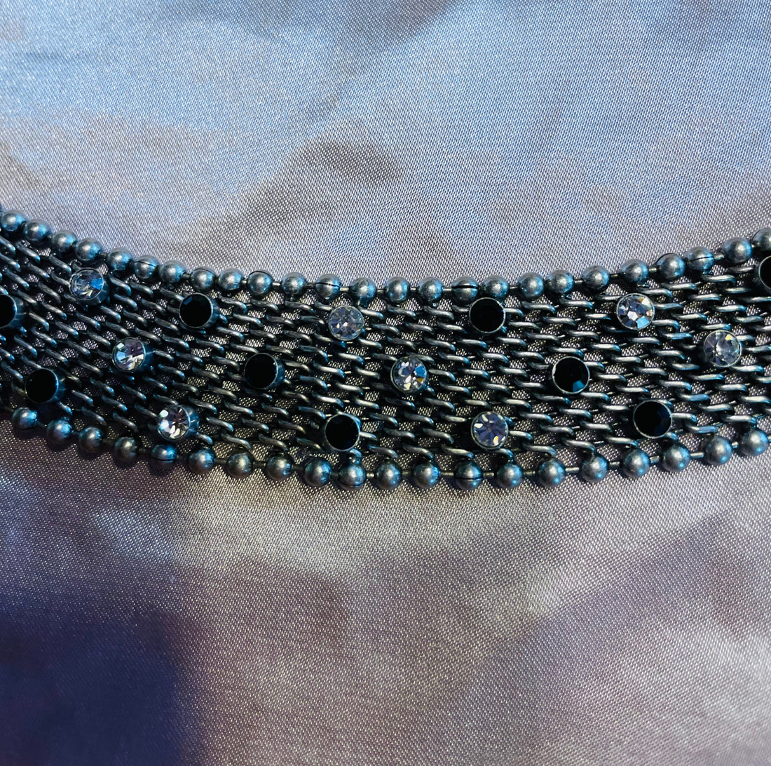90s Silver Tone Mesh Black Gray Rhinestone Bracelet