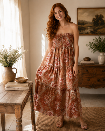 2000s Poly Floral Paisley Tiered Boho Maxi Skirt or Strapless Dress M