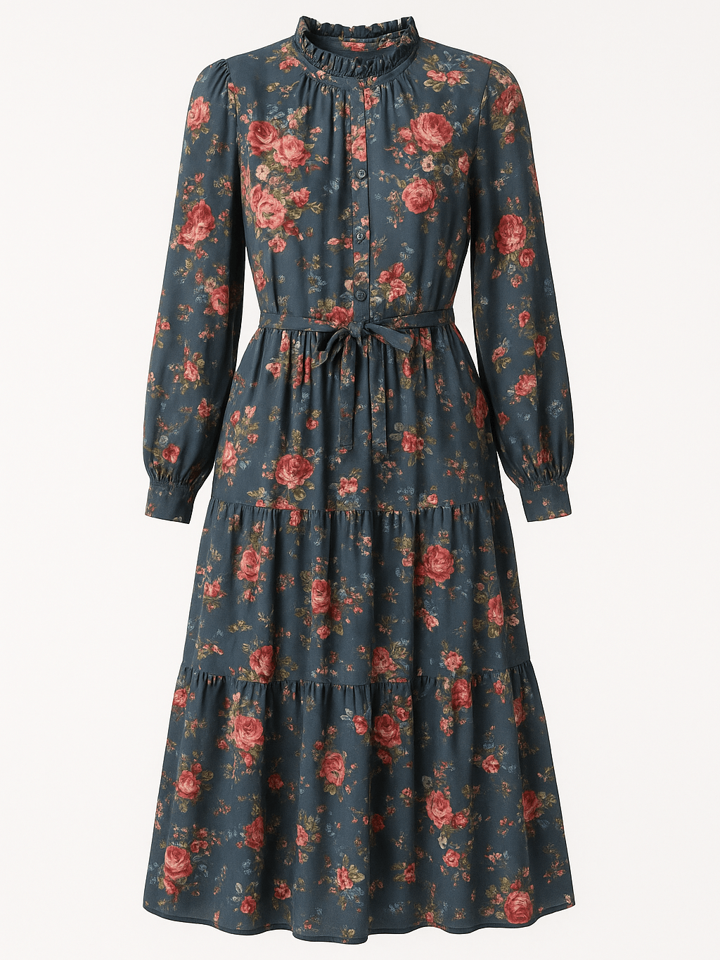 2000s April Cornell Floral Tiered Ruffle Collar Pockets Dress S/M