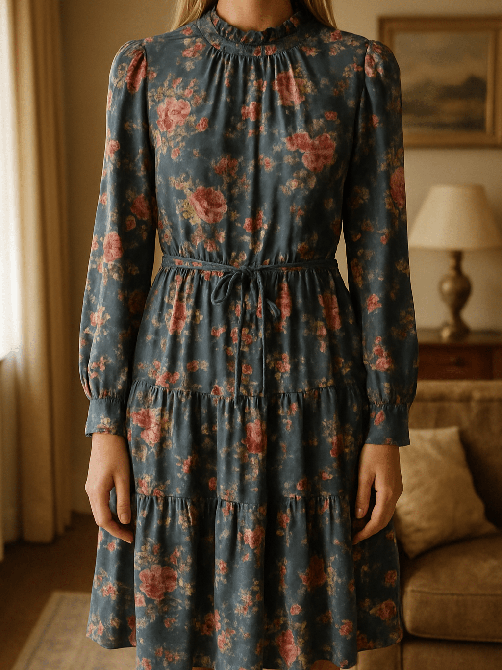 2000s April Cornell Floral Tiered Ruffle Collar Pockets Dress S/M