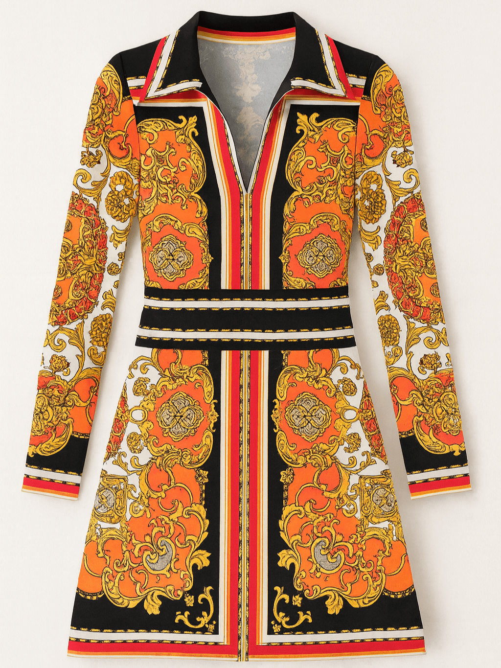 2000s Colorful Striking Print Poly Collar V Neck Pullover Short Dress S/M