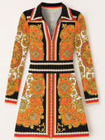 2000s Colorful Striking Print Poly Collar V Neck Pullover Short Dress S/M