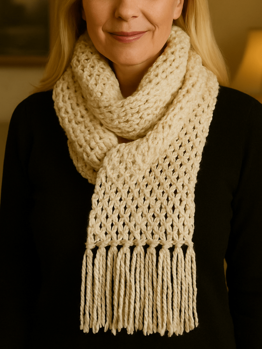 2000s It’s Chilly Hand Knit White Fringed Winter Wrap Scarf