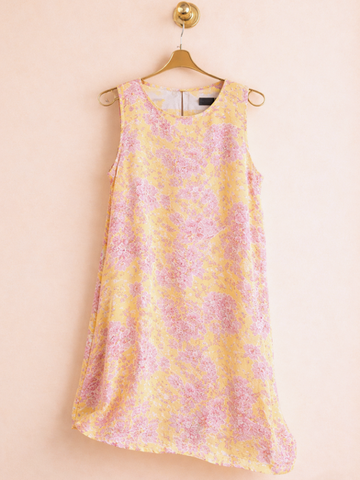 2000s Yellow Pink Floral Print Poly Sleeveless Summer Dress M
