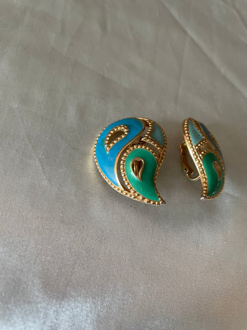 1980s Avon Paisley Green Enamel Vintage Clip Earrings