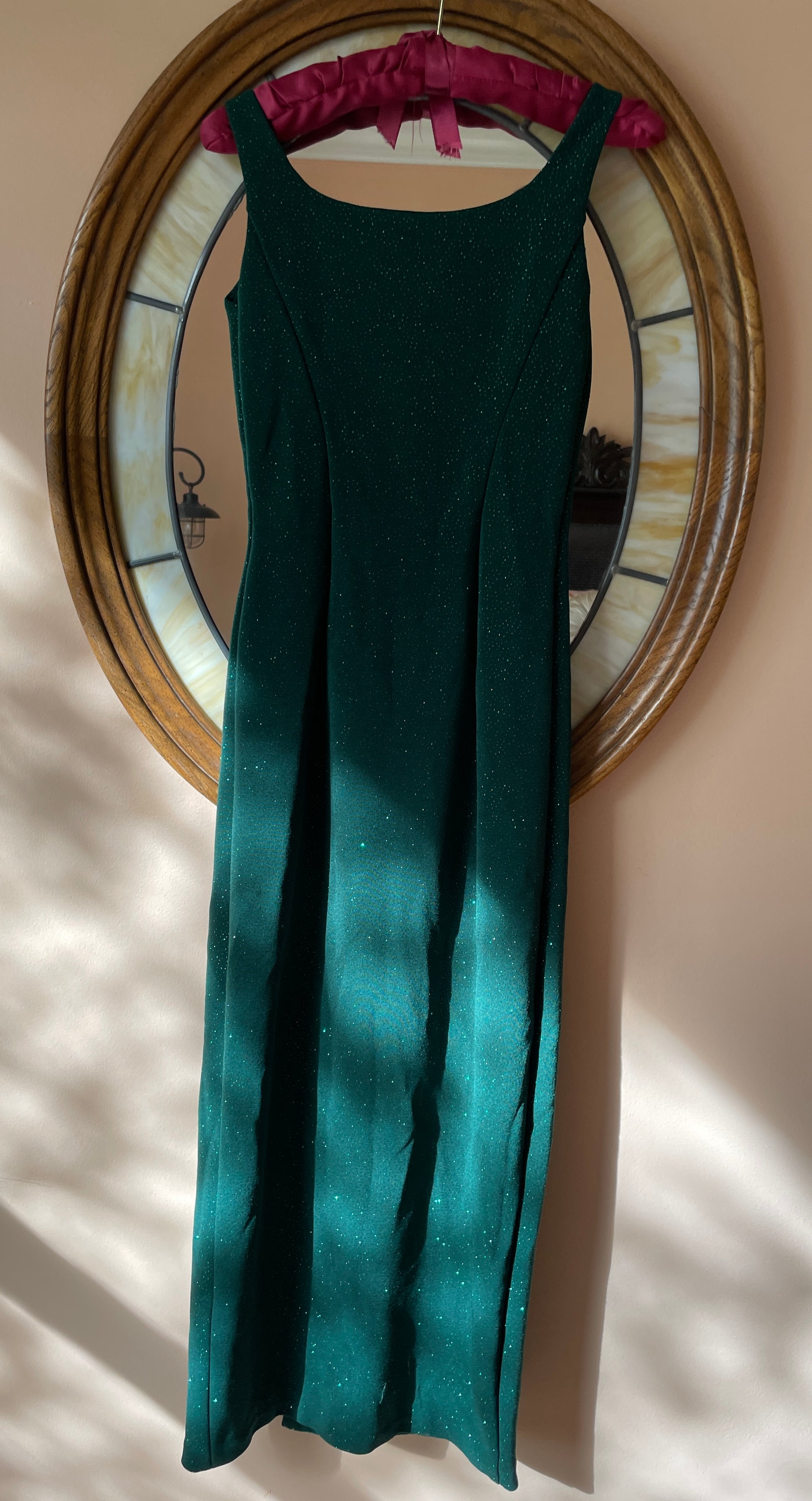  80s Scott McClintock Green Sparkly High Slit Glam Maxi Dress X/S