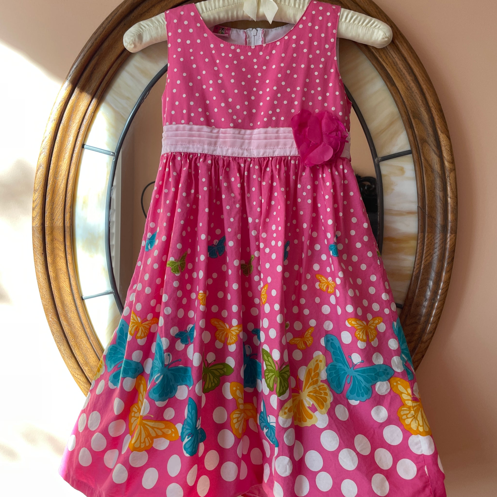 2000s. Pink Cotton Butterfly & Polka Dot Flower Sleeveless Girls Dress 6X